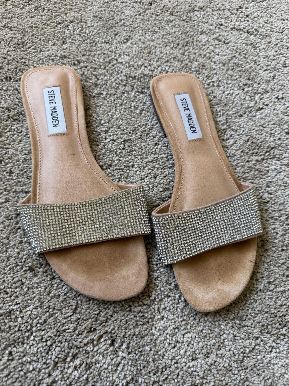 Steve Madden Tan Slide Sandals with Rhinestone Band